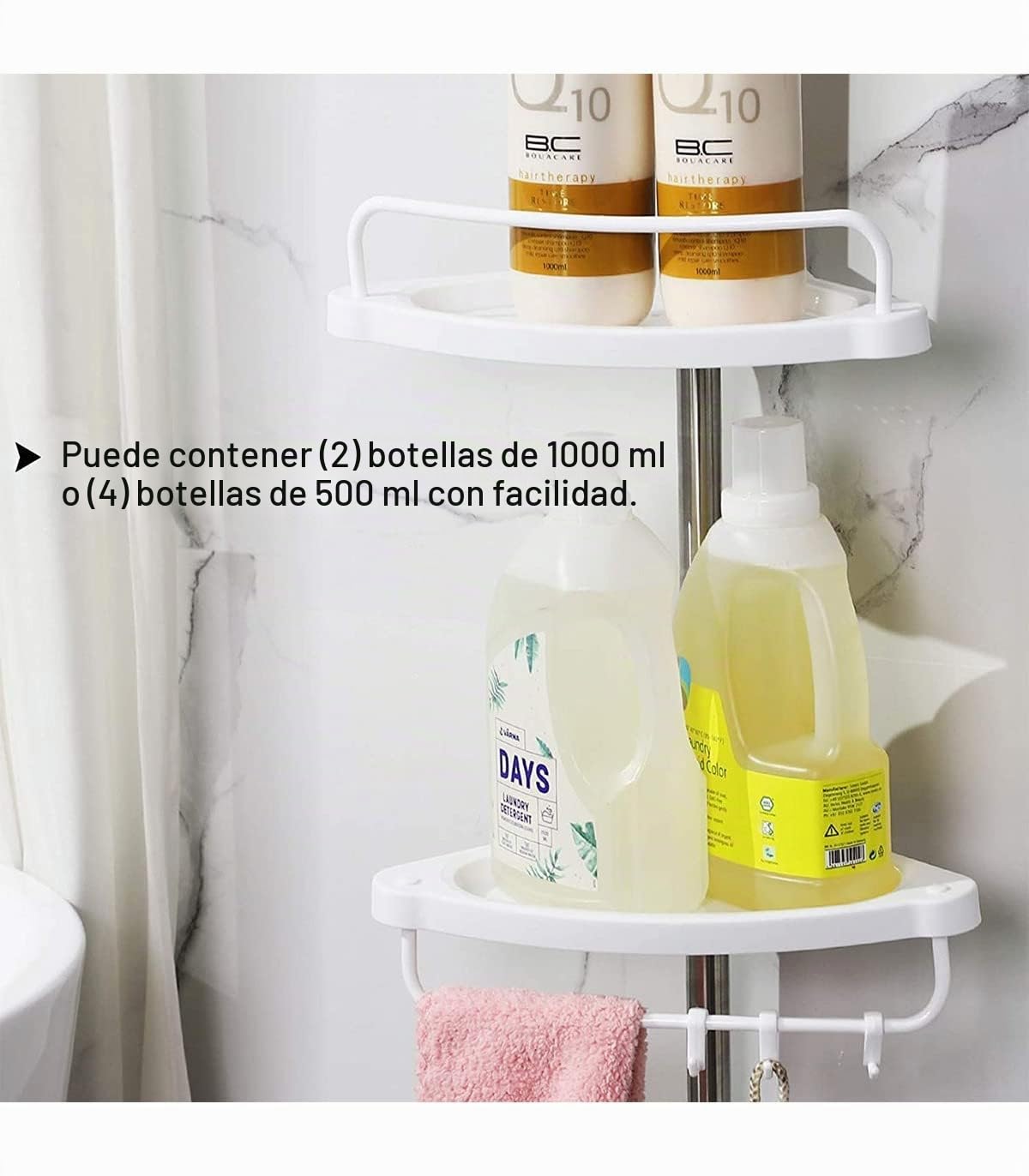 SONGMICS Estante de Baño Ajustable, Columna de Ducha Telescópica, 95-300 cm, de Suelo a Techo, con Marco de Acero Inoxidable, 4 Bandejas, 3 Ganchos, 1 Toallero, Blanco y Plateado BCB02SW