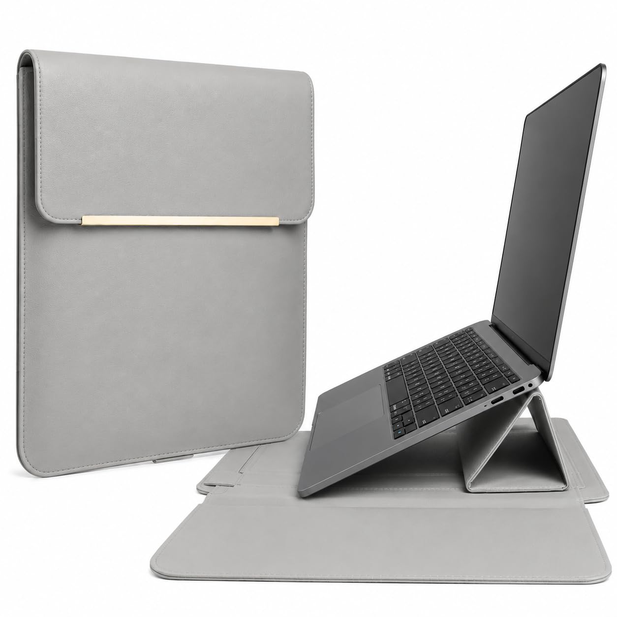 3 in 1 Laptop Sleeve for MacBook/Notebook | PU Faux Leather Laptop Case with Adjustable Stand & Mouse Pad | Waterproof Cooling Cover Laptop Sleeve | Grey | 34.5 x 25 CM-image-13
