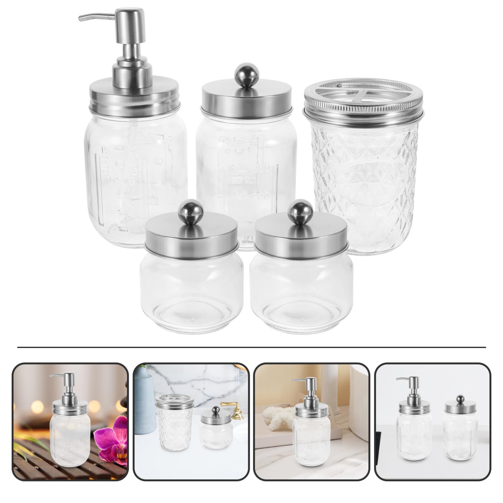 ULTECHNOVO Set Accesorios Baño 5 Piezas Dispensador de Jabón de Espuma, Soporte para Cepillos de Dientes y Tarros de Almacenamiento de Vidrio y Acero Inoxidable para Baño