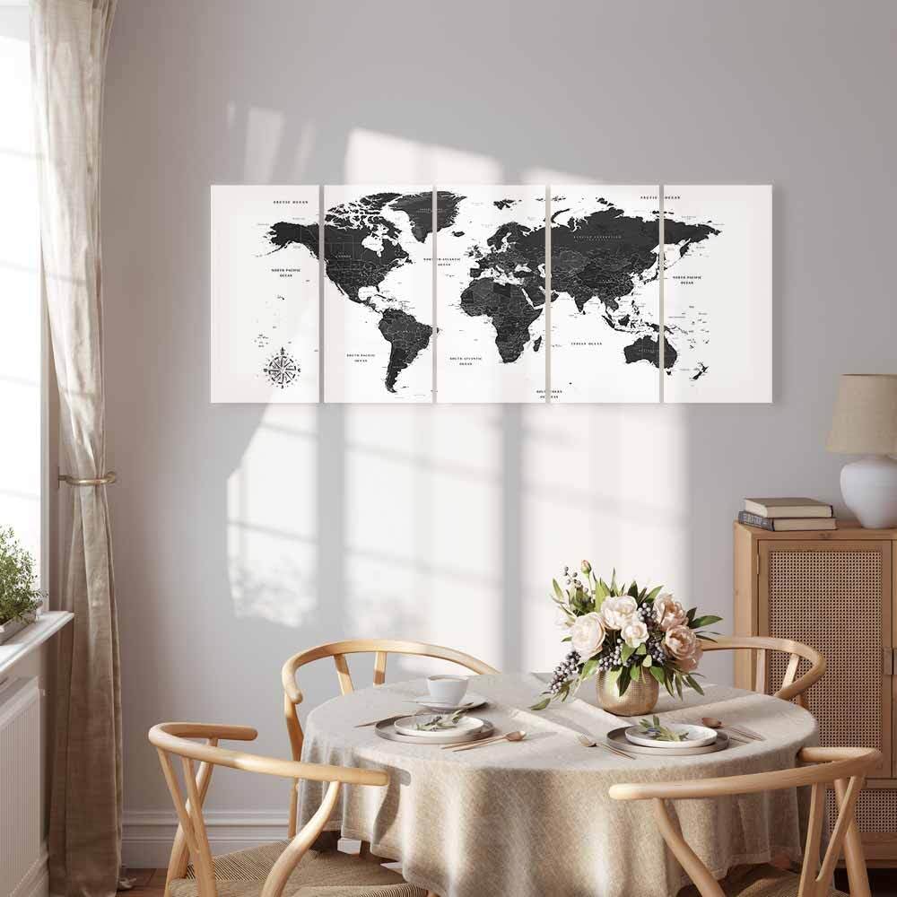 decomonkey Leinwandbild Weltkarte, 225x90 cm, 5-teilig, schwarz-weiß, Büro | Strukturierte Leinwand, Holzkeilrahmen, aufhängefertig (Nagel & Haken inkl.), Weltkarten-Motiv, hergestellt in der EU