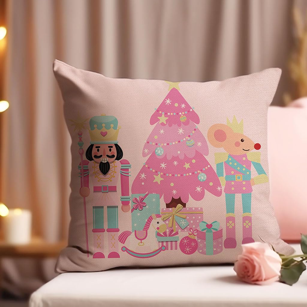 PANDICORN Christmas Pillow Covers Set Of 4 - 16x16 Inch, Nutcracker Design, Pastel Pink Holiday Decor