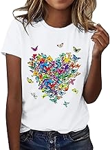 Tee Shirt Femme Coton T Shirts Blanc Imprimante Pas Cher T-Shirt À Manches Courtes Col Rond Tunique avec Motif Papillons Grande Taille Tops Chemises