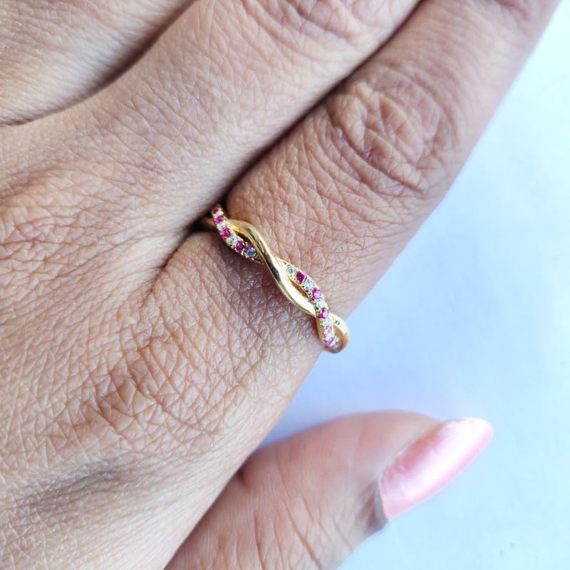 Alternate Red Ruby & White Diamond Twisted Full Eternity Ring For Women, 14k Gold Finish Ruby Swirl Wedding Band, Ladies Crossover Anniversary Band