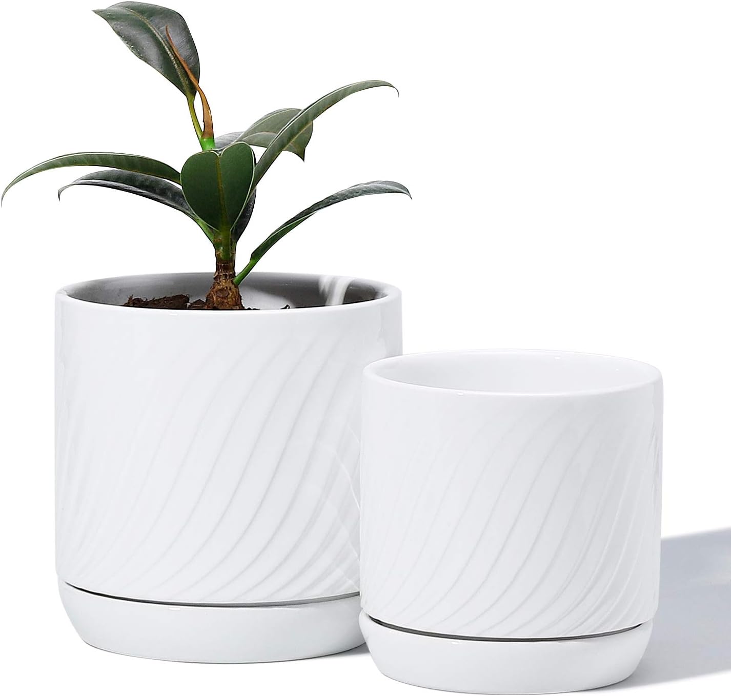 POTEY 053301 Ceramic Planter Pots - Glazed Modern Planters Flower Pot Indoor Bonsai Container with Drainage Holes & Saucer for Plants Aloe(5.1 & 4.2 Inch, Shiny White, Set of 2, Plants Not Included)