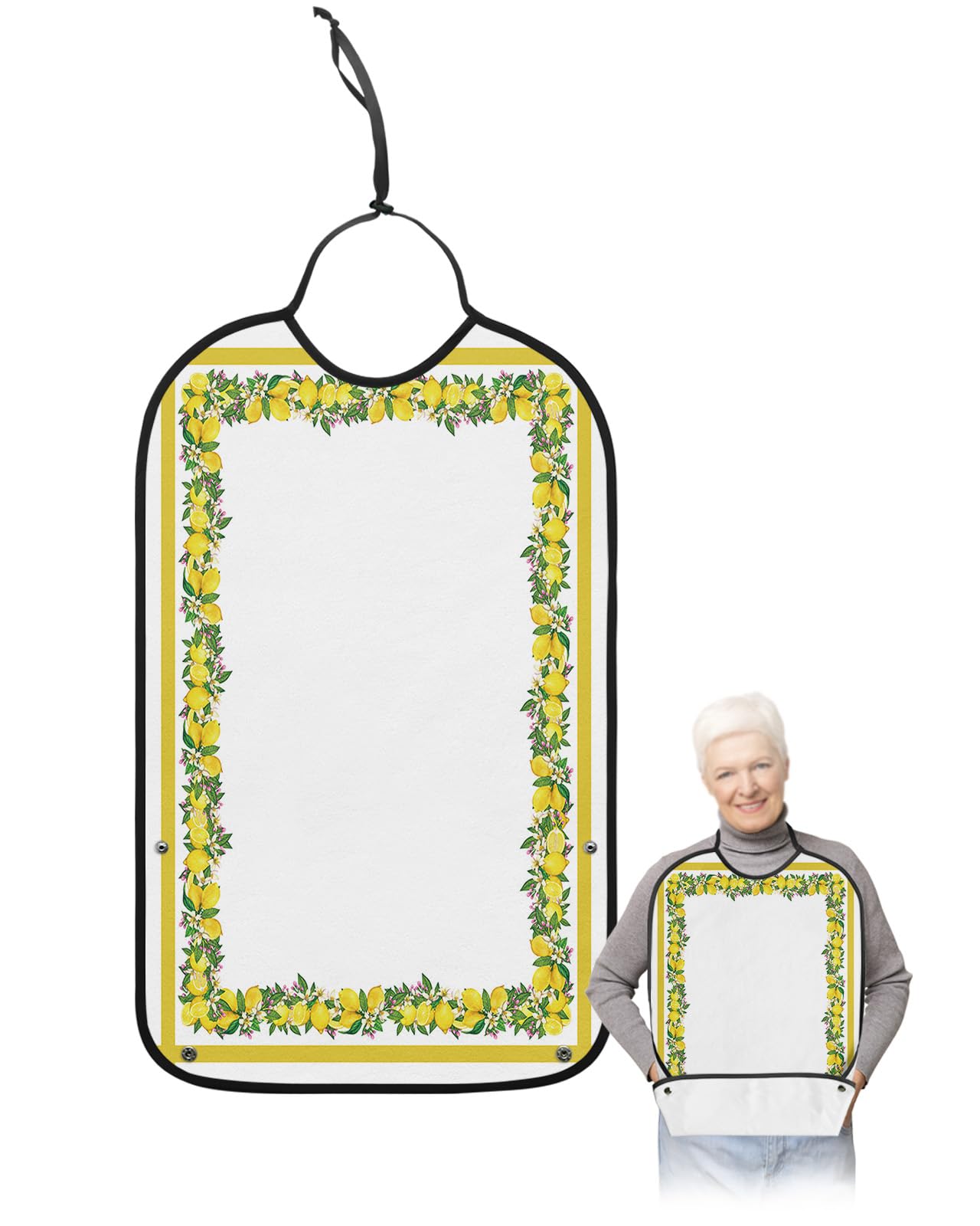 Kewadony Adult Bibs for Elderly Women - Lemon Summer Waterproof Dining Clothing Protectors with Crumb Catcher for Eating/Feeding, Yellow Lemon Floral Lace Terry Cloth Bib Machine Washable
