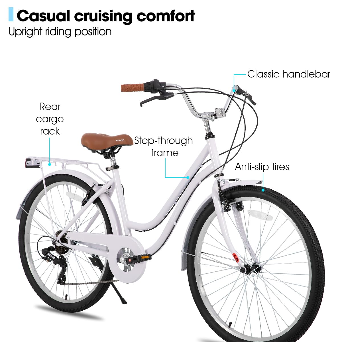 HH HILAND 26 in Women's Hybrid Bike for Adult, 7 Speed Step Through Hi-Ten Steel Frame City Commuter Beach Cruiser Bike, Hybrid Bicycle, Purple