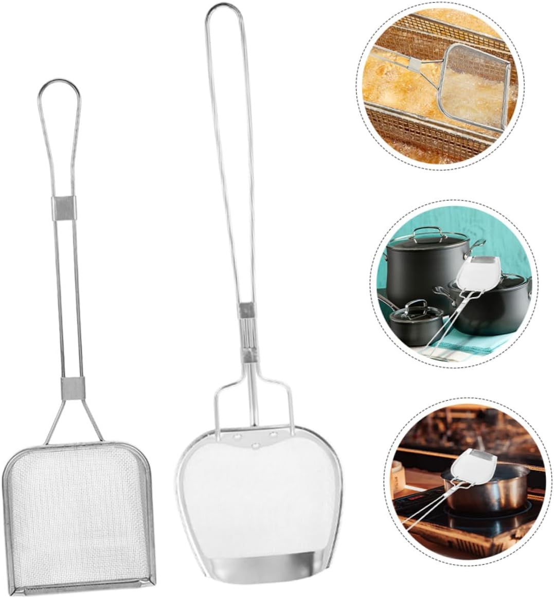 2 Pcs Stainless Steel Fryer Skimmer with Fine Mesh Oil Strainer Spoon for Kitchen Fried Food Long Handle Skimmer Ladle for Chicken Fries and Cooking Grease Filtration Easy to Clean