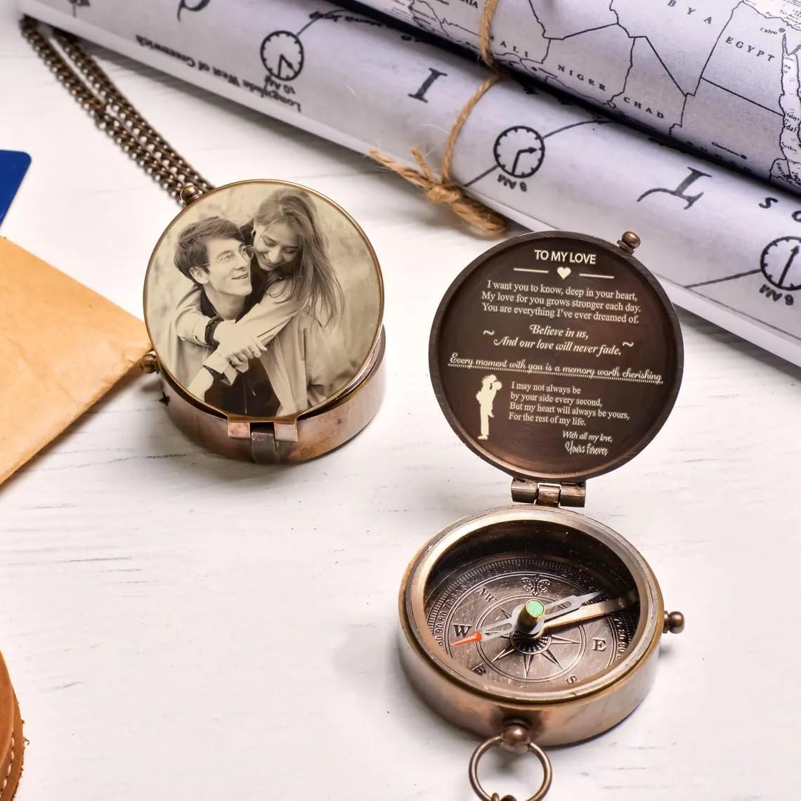 Personalized Photo Compass with Custom Engraving, Working Compass with Photo Insert, Brass Finish Pocket Compass, Romantic Gift with Chain