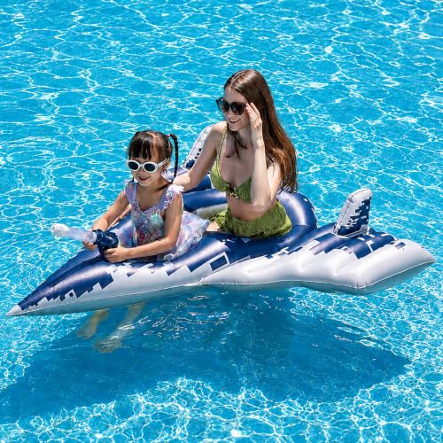 Inflatable Fighter Jet Pool Float with Water Gun, Blue Digital Camouflage, Single and Double Rider Options for Kids and Family (Large-Parent-Chind)