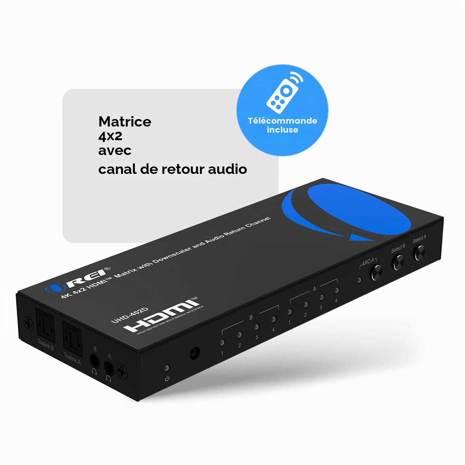 OREI Commutateur matriciel HDMI 4 x 2 - Extraction audio 4K @ 60 Hz, EDID, IR, HDCP 2.2