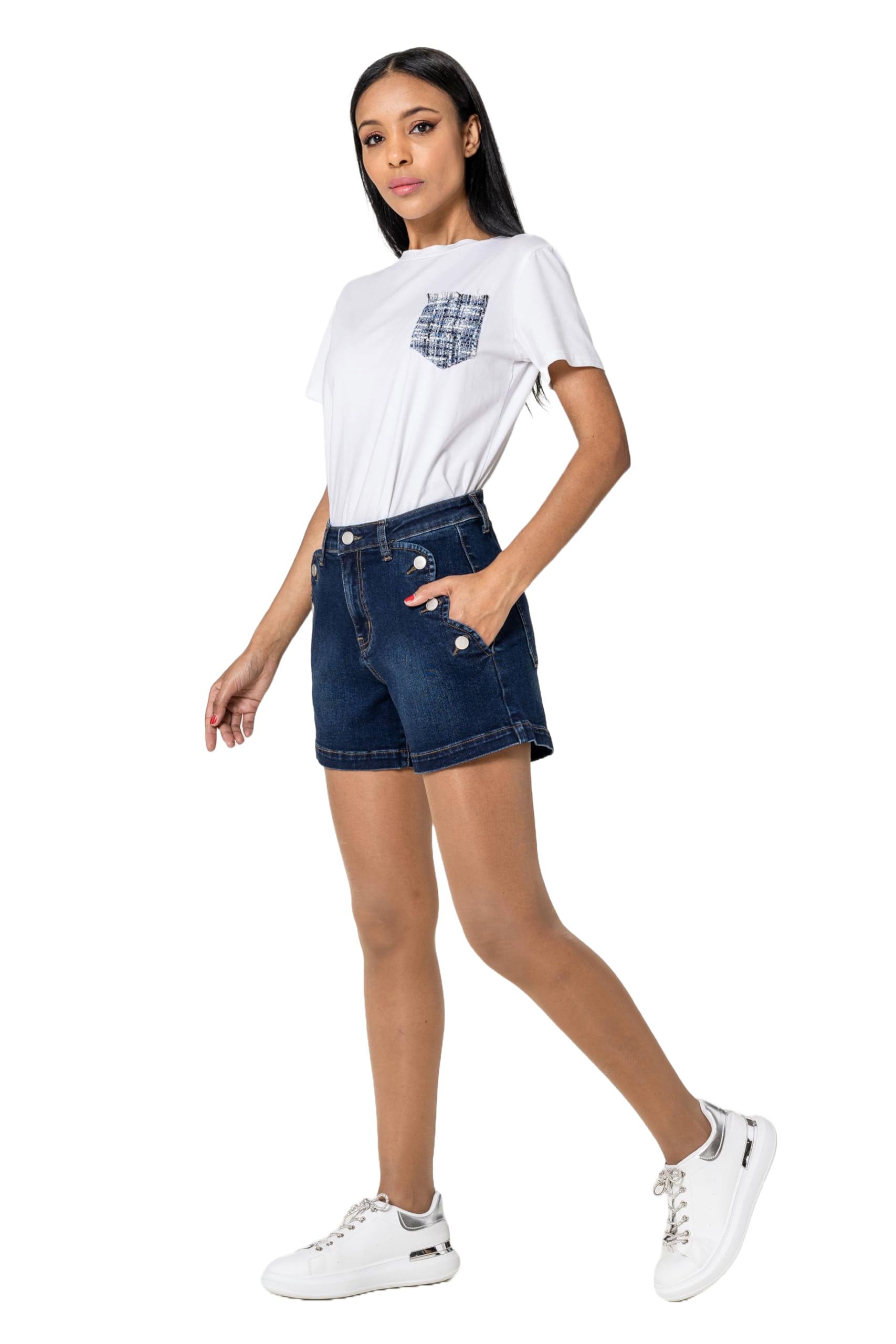 Nina Carter Short en jean taille haute pour femme, au look usé, élégant, short d'été en denim