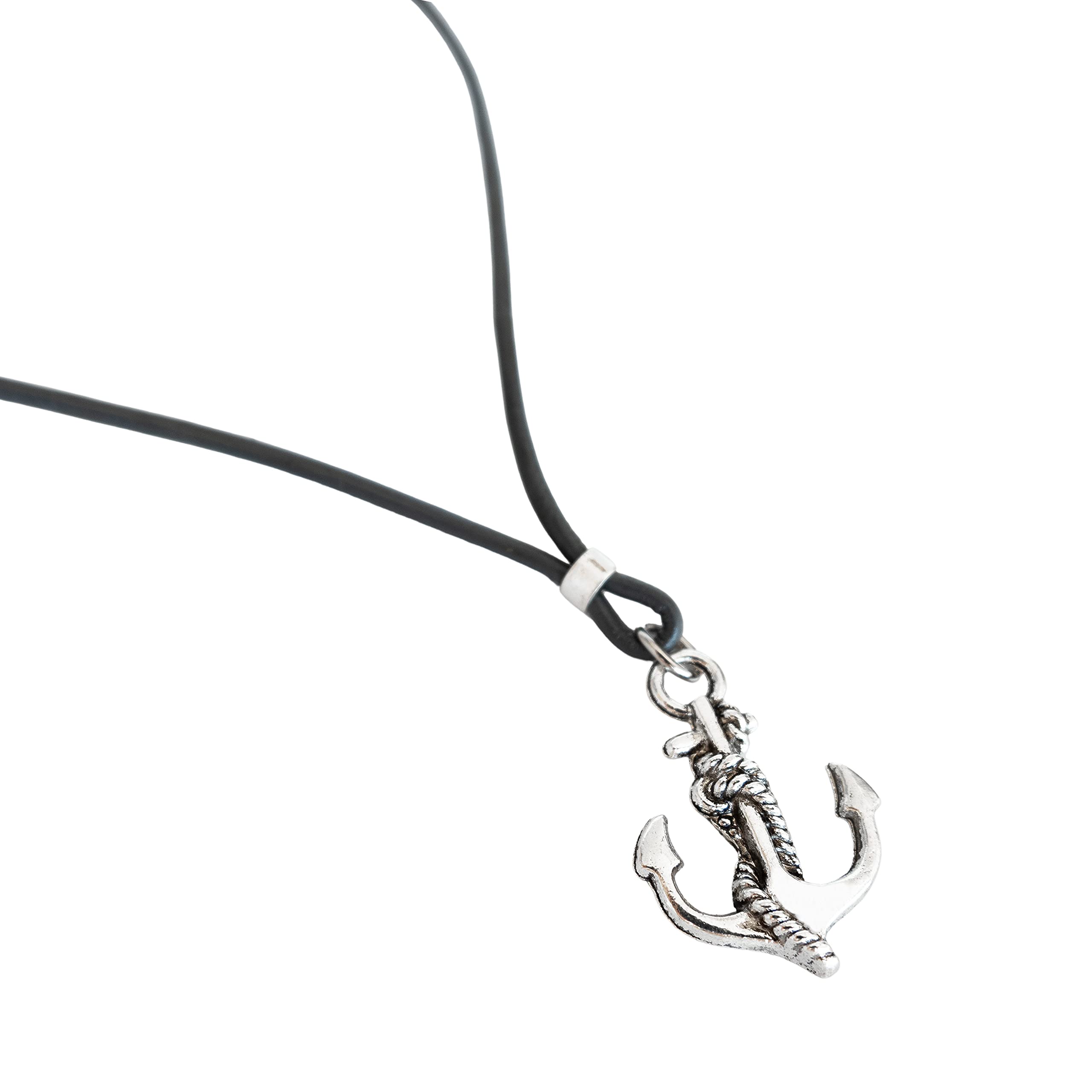Men's Anchor Choker, Short Black Leather & Oxidate Silver Plated Pendant Necklace for Men, Handmade Boho Tribal Surfer Sailor Jewelry for Guys by Magoo