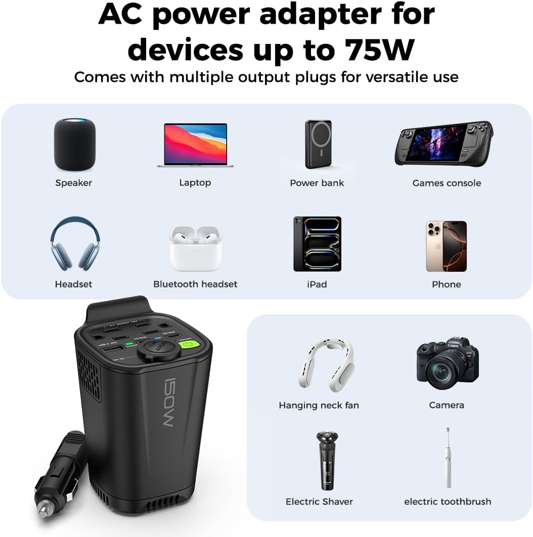 150W True Power Car Inverter Cup Holder, 6-in-1 DC 12V to 110V Converter with Dual AC Outlets, USB-C Fast Charging, Cigarette Lighter Socket & Car Charger - for Laptop, Phone, Tablet & Road Trips