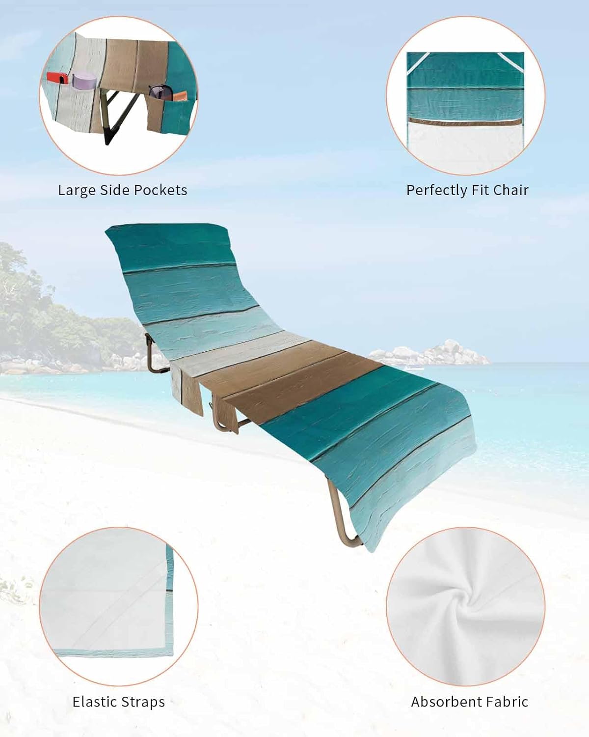 Retro Turquoise Brown Beach Pool Patio Lounge Chaise Chair Cover Towel With Pockets,Absorbent & Quick Dry Microfiber Towel Cover Bag Summer Accessories for Sunbathing Rustic Farm Gradient Wood Grain
