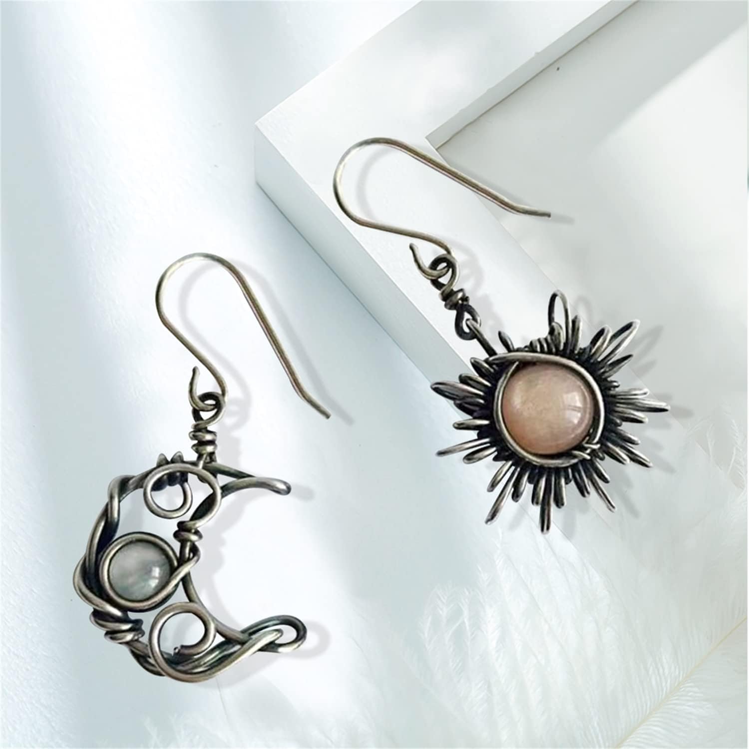 Unique Boho Vintage Asymmetry Opal Sun and Moon Drop Dangle Earrings Moonstone Natural Stone Hook Bohemian for Women Asymmetrical Antiqued Silver Celestial Jewelry - Image 7
