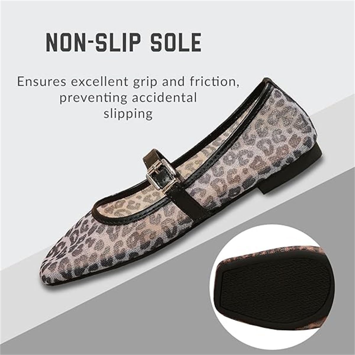 Zapatos planos de ballet de malla con estampado de leopardo para mujer, puntera cerrada cuadrada, zapatos planos Mary Jane de malla transpirable para mujer