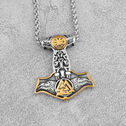 LOBON Viking Thor Hammer Necklace Nordic Vegvisir Valknut Symbol Pendant Stainless Steel Norwegian Amulet Jewelry Gift for Men Women4