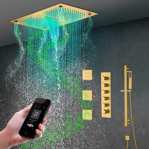 Sistema de ducha Cascada 16”x28” con luces LED, altavoces Bluetooth integrados y 5 funciones (LLuvia, Cascada, Niebla, Jets corporales y Duchador de mano) con control remoto y 64 colores