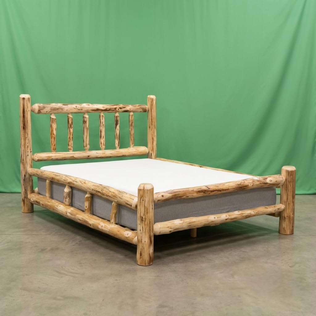 Log Bed Frame with Headboard, King Size - Rustic Pine, Textured Light & Dark Brown, Solid Wood, Heavy Duty, Amish Handcrafted in USA