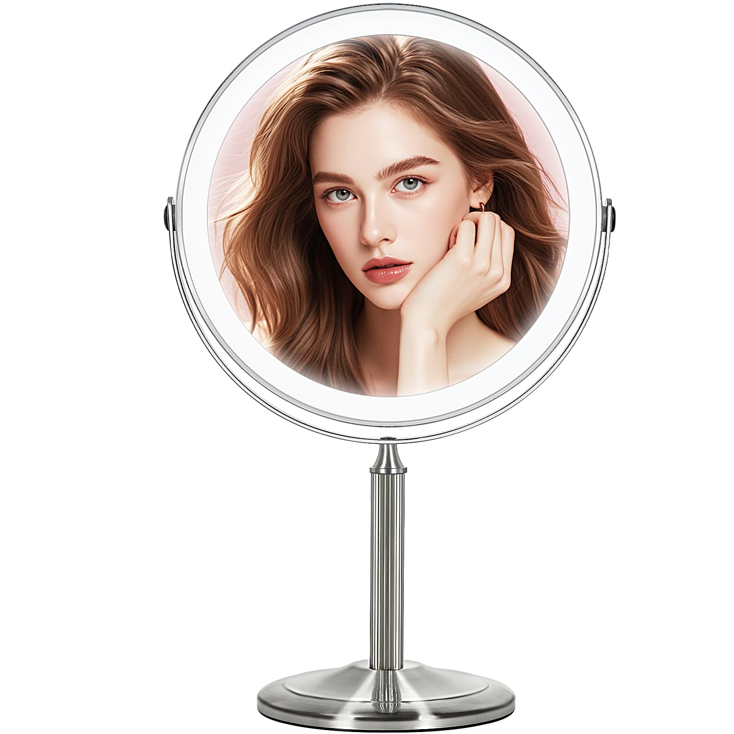 15X Magnifying Mirror with Light, 9.5 Large 5000mAh Rechargeable Double Sided HD Lighted Makeup Mirror with 3 Touch Dimmable Light, 360° Swivel Detachable for Travel Vanity Mirror Nickel, Gifts