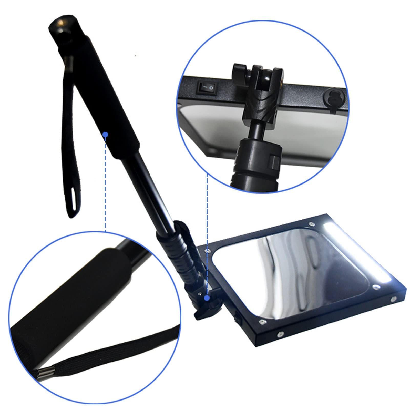 Espejo De Inspección para Bajos De Vehículos con Luz Led, Espejos Telescópicos Convexos con Varilla Ajustable De 36 Cm A 120 Cm, Espejo De Seguridad para Reparacione