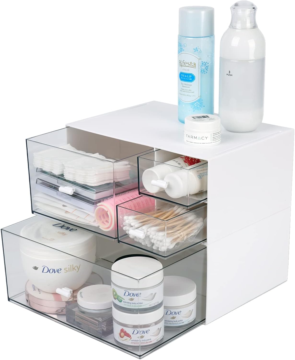 Desk Craft Organizer and Storage with 4 Mixed Drawers, Stackable Plastic Desktop Accessories & Workspace Organizer for Office Stationary, Makeup Skincare, Sanitation Supplies, White 2 Deep Layers & 4 Drawers, White