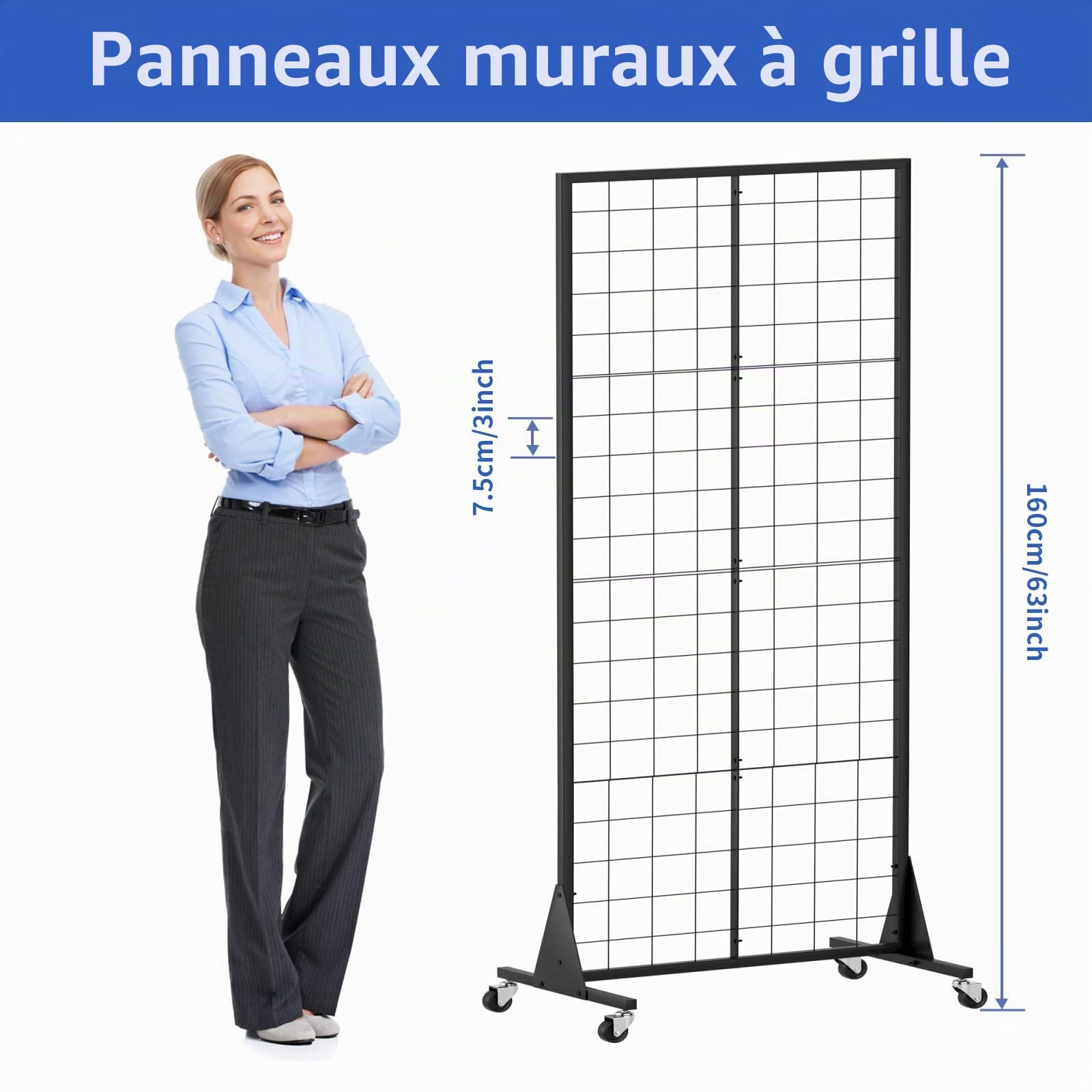 Grille d’Exposition sur Pied, 60x160cm Présentoir de vente au détail, Présentoirs Robustes avec base triangulaire, avec Crochets Inclus, pour Magasin de Détail, Salon Professionnel, Magasin