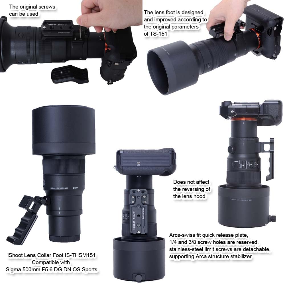 iShoot Base ad anello di ricambio per treppiede compatibile con Sigma 70-200 mm F2.8 DG DN OS Sports e 500 mm F5.6 DG DN OS Sports, staffa di supporto con piastra a sgancio rapido Arca-swiss Fit