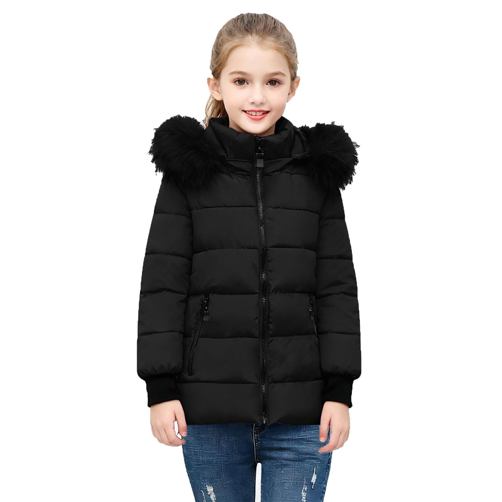 Doudoune d'hiver pour filles en fausse fourrure à capuche chaude et lourde matelassée coupe-vent épaisse à fermeture éclair manteaux parka manteaux d'école décontractés vêtements d'extérieur