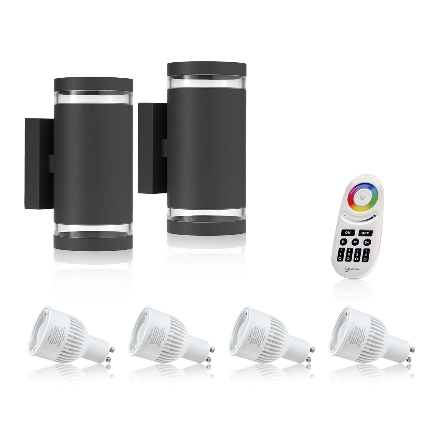 Auraglow RF Remote Control Colour Changing LED Double Up & Down Outdoor Wall Light (with Colour Changing Bulbs & 4 Zone Remote, 2 Pack)