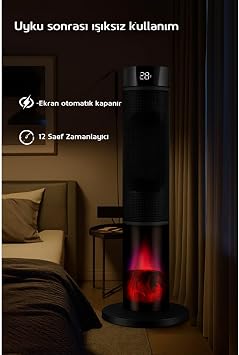 ROBO Şömineli Seramik Kule Tipi Dikey Isıtıcı, 2000W, Siyah, Kule, İç Mekan, Elektrikli, Seramik Isıtma, Uzaktan Kumandalı