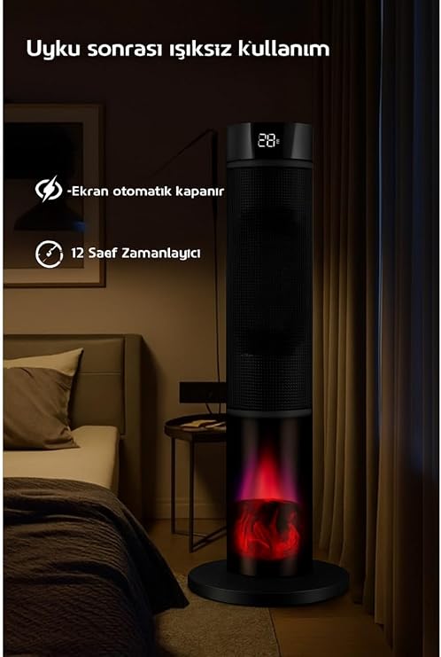 ROBO Şömineli Seramik Kule Tipi Dikey Isıtıcı, 2000W, Siyah, Kule, İç Mekan, Elektrikli, Seramik Isıtma, Uzaktan Kumandalı