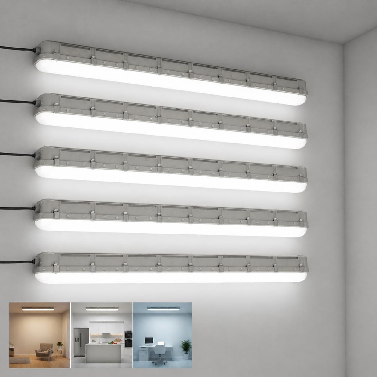 Brightex Pack of 5 5FT LED Batten Light 60W, 6000LM, IP65 Waterproof, 3CCT 3000K/4000K/6500K, Non-Flicker Slim Ceiling Tube Light for Garage, Workshop, Office & Outdoor Use
