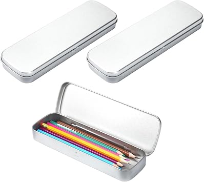 Metal Hinged Tin Box Multi Use Organiser,Silver Metal Pencil Case,School Supplies Stationery Box & Makeup Brushes Organizer, Empty Pencil Holder for Desk or Travel.