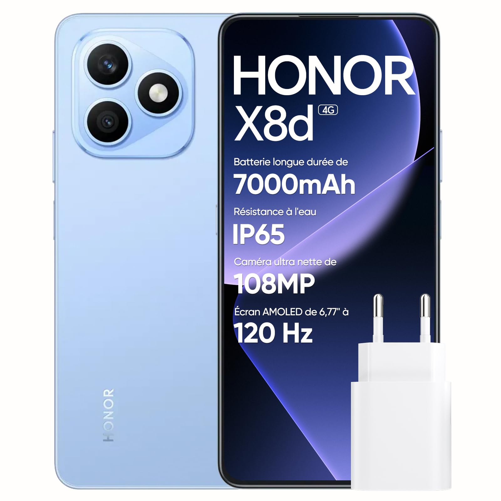 HONOR X8d Smartphone, Écran AMOLED 6,77" 3000 nits,8+256GB, Appareil Photo 108MP, Batterie 7000mAh, Charge 45W, Résistance à l’Eau IP65 (Light Blue, 256, GB, 8, Go)