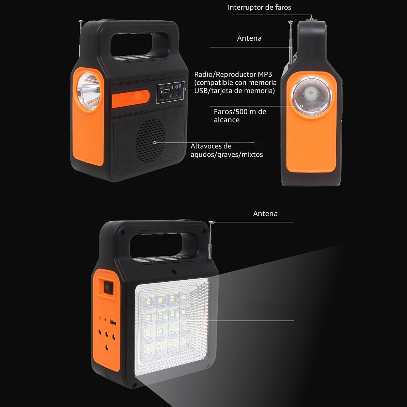 Banco de energía portátil, banco de energía solar, 6000 mAh, luz de panel de faros, 3 bombillas, mango portátil, generador solar para camping, viajes