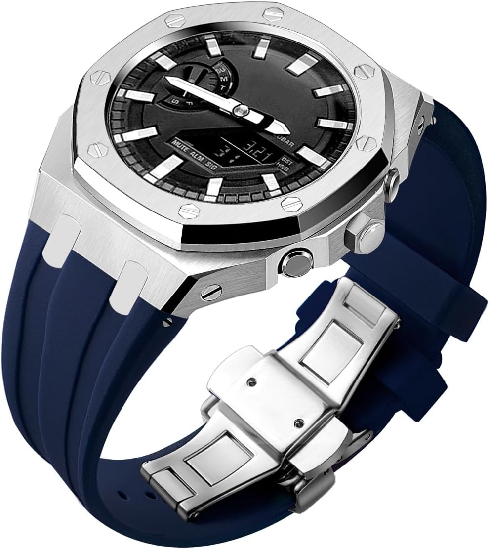 BMT GA2100 Case Band Mod Kit, Stainless Steel Case Bezel Crown Silicone Strap Replacement Accessories Compatible with Men's Watches G-Shock GA-2100/GA-2110/GA-B2100