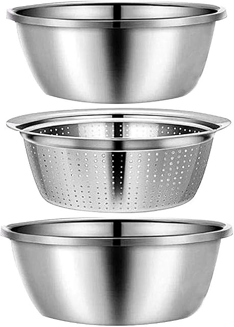 Mixing Bowl Set with Colander Strainer Sieve Stainless Steel for Kitchen Baking Mixing Cooking Preparation Stackable Nest Salad Vegetable Service Bowls Set of 3