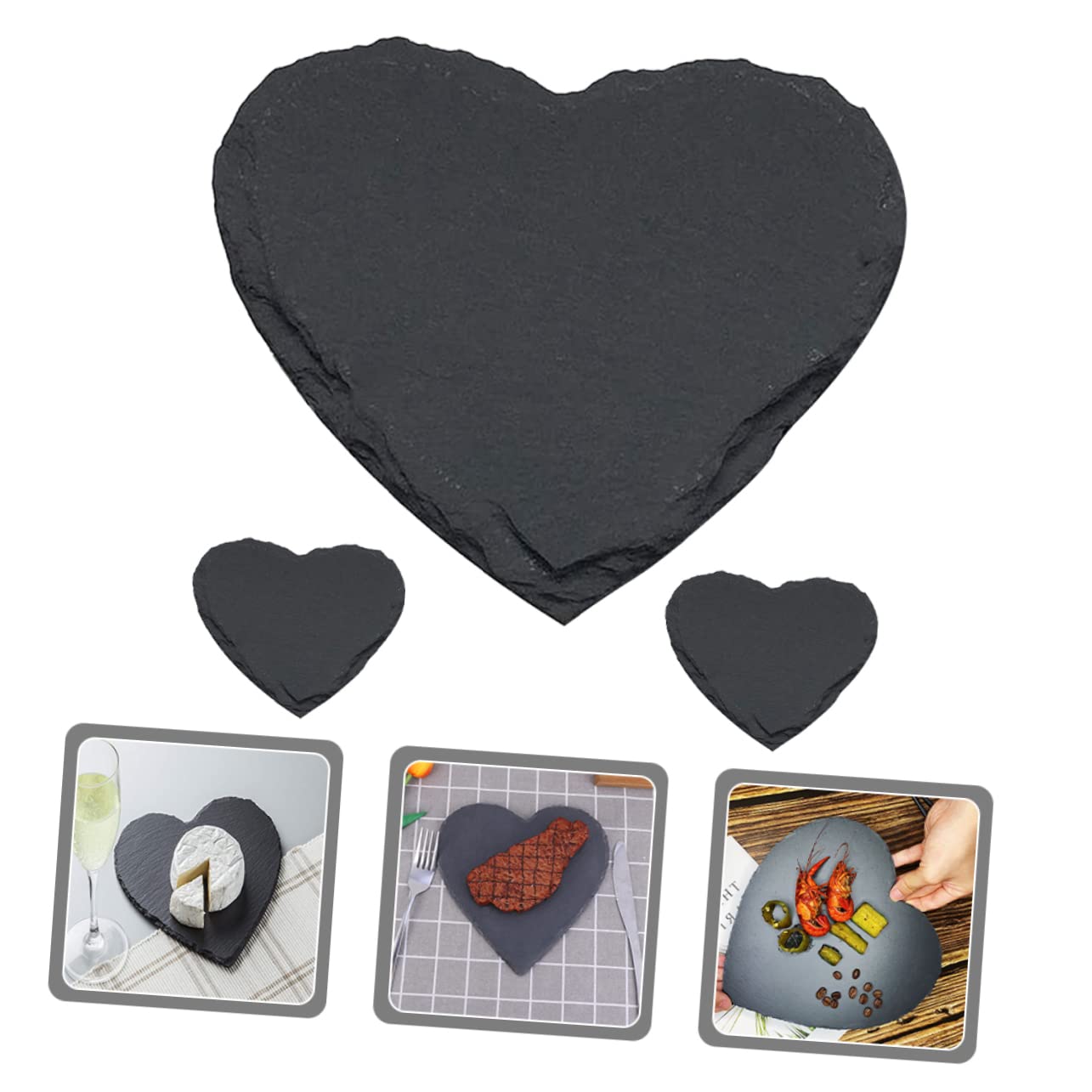 Plato de Pizarra en Forma de Corazón, 3 Piezas, Negro | Bandeja de Comida para Servir, Uso Multiusos, Estilo Rústico Chic, para Restaurante Occidental y Hotel