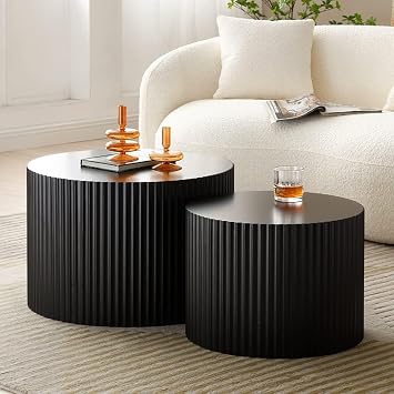 Black Round Coffee Table Set of 2 for Living Room Circle Nesting Coffee Table Set Modern Fluted Drum Coffee Table Side Tables for Apartment Office