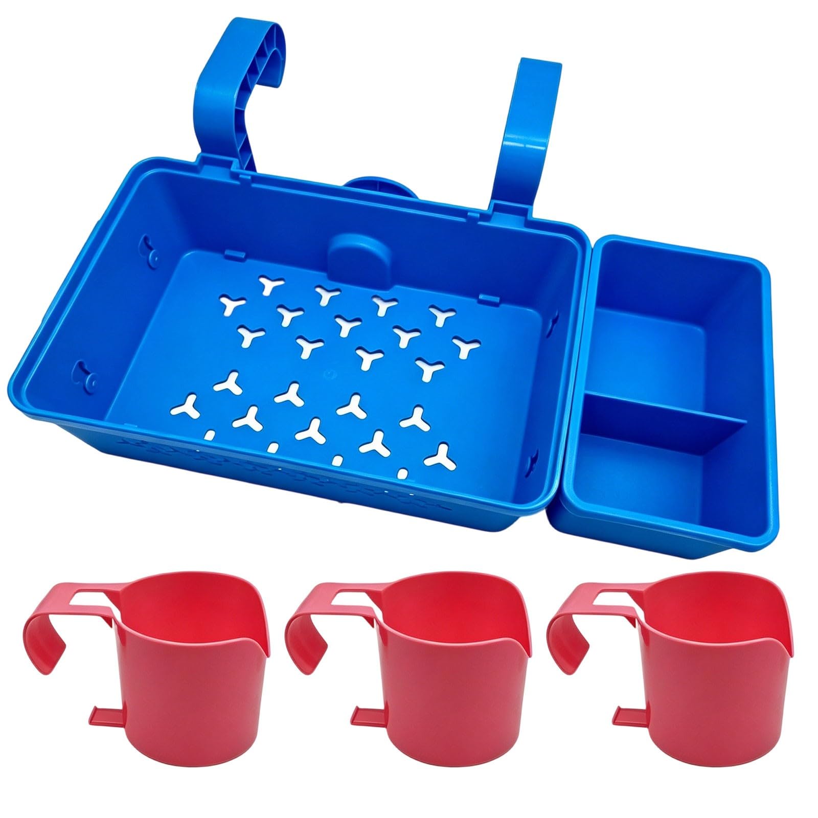 Poolside Storage Basket with Cup Holders & Hanging Hook Large Capacity Swimming Pool Accessories Organiser Hangable Basket Ideal for Deck Storage and Beverage Management (Blue+3Red)
