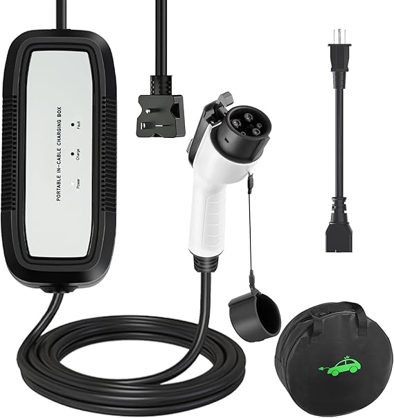EV Charger, 16Amp 110V/240V Portable Level 1 Level 2 Electric Vehicle Charging Station with NEMA 6-20 Plug & NEMA 5-15 Adapter for J1772 Electric Cars