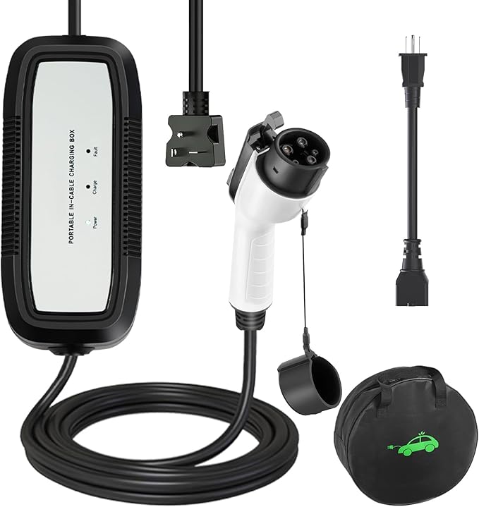 EV Charger, 16Amp 110V/240V Portable Level 1 Level 2 Electric Vehicle Charging Station with NEMA 6-20 Plug & NEMA 5-15 Adapter for J1772 Electric Cars