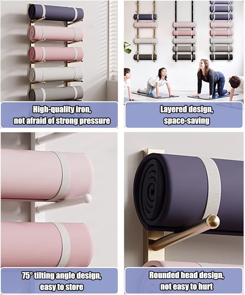 Estante de almacenamiento de pared para esterilla de yoga, organizador de pared para accesorios de fitness en el hogar, ideal para correas de yoga, alfombrillas de pilates y rodillos de espuma