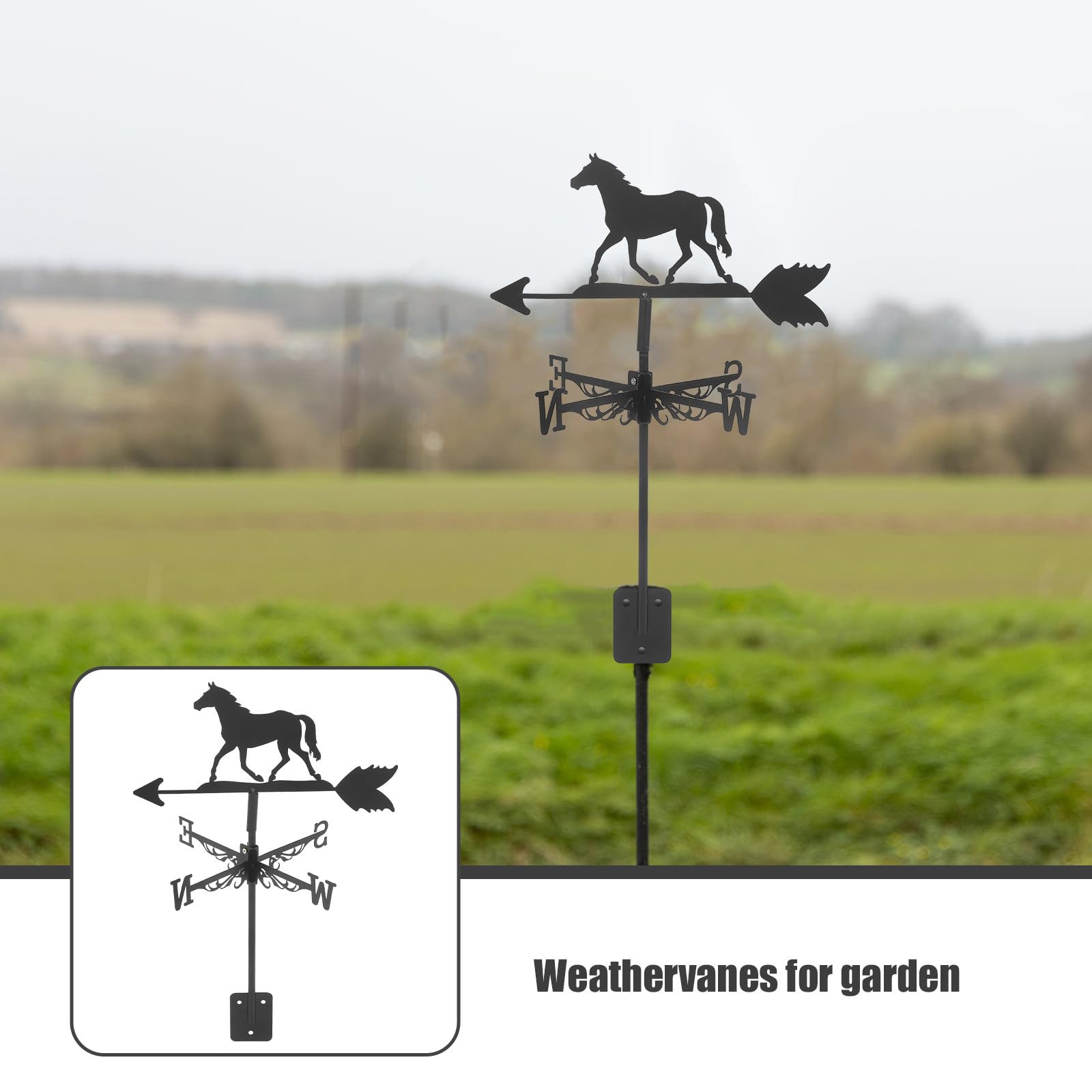 Girouette Cheval en Fer Noir pour Décoration de Jardin Piquet Métallique Rétro, Installation Facile pour Indicateur de Direction du Vent en Extérieur