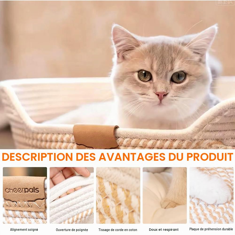 Lit pour Chat avec Coussin, 48 cm Panier pour Chat en Cordes de Coton Tressé, pour Tous Les Chats, Toutes Saisons, Universel