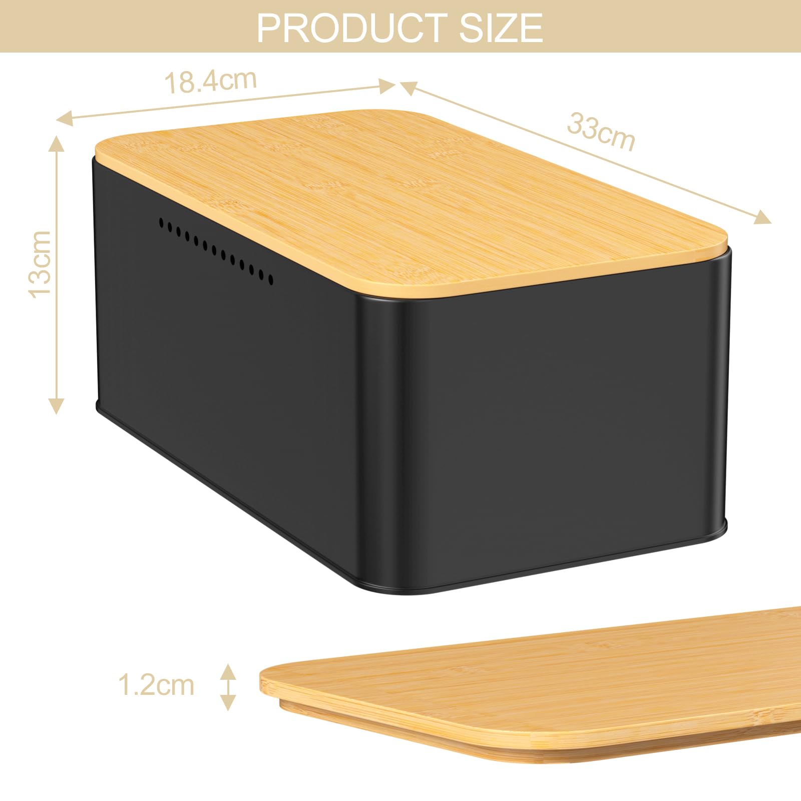 Portapane, Cassetta per Pane, 2 in 1 Portapane in Metallo con Coperchio in Bambù, Può Essere Utilizzato Come Tagliere, per Una Freschezza Duratura, 33x18,4x13cm (Nero)