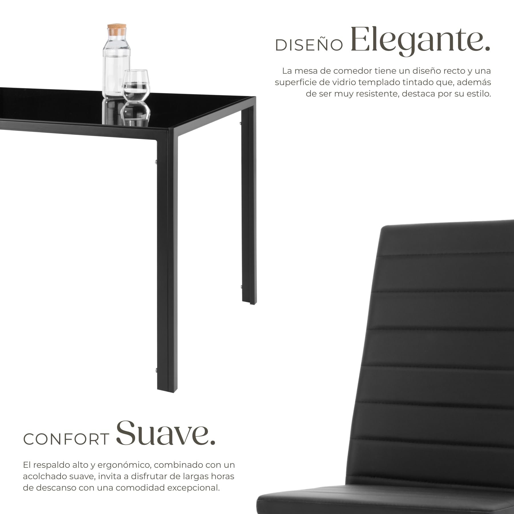 tectake® Dining Table and Chairs Set, Safety Glass Top and 4 Faux Leather Upholstered Kitchen Chairs, Steel Frame, Dining Chairs, Kitchen Furniture Set - Black — view 3