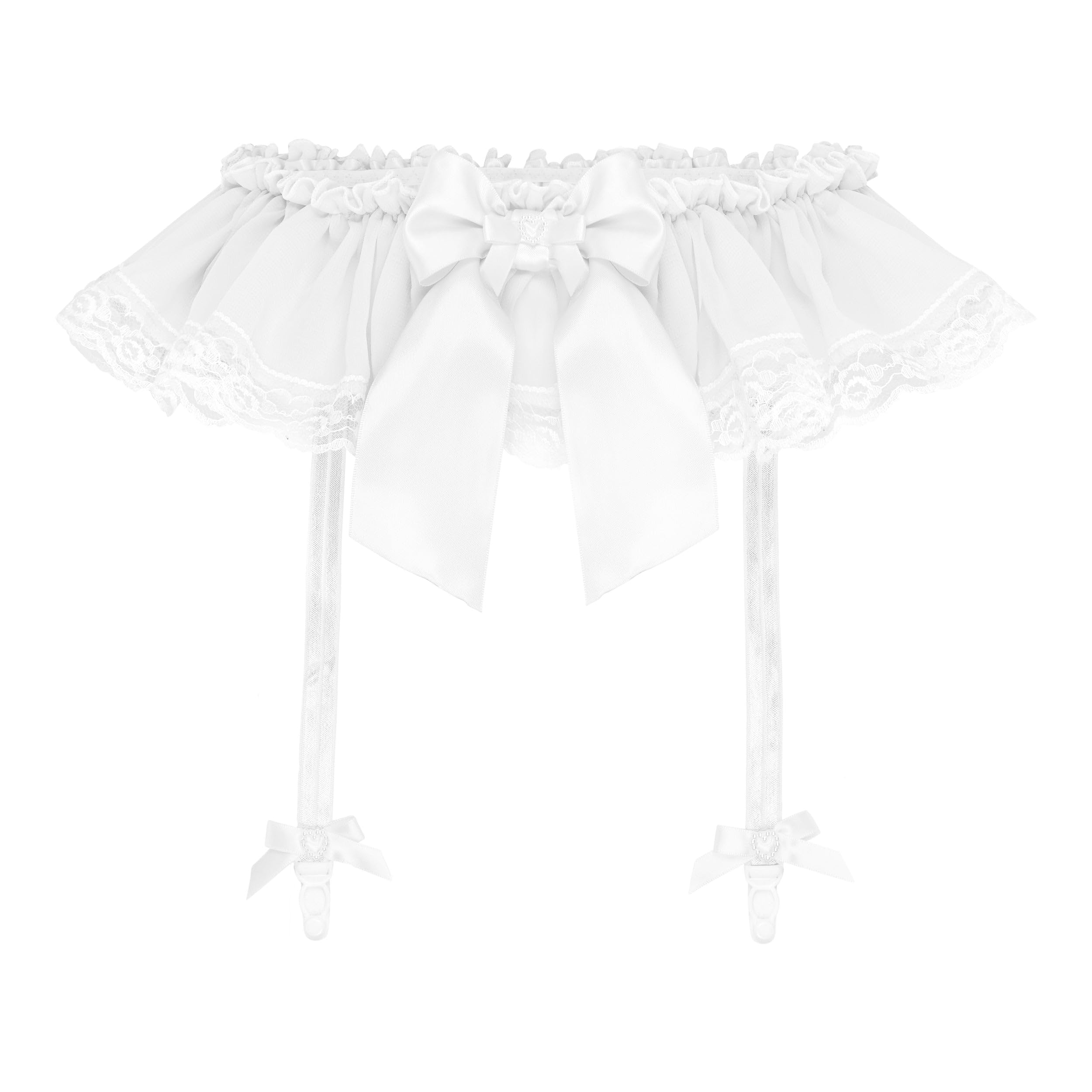 Satini Frilly Lace Sissy Chiffon Sheer Garter Suspender Belt Lingerie Knickers (White, L)