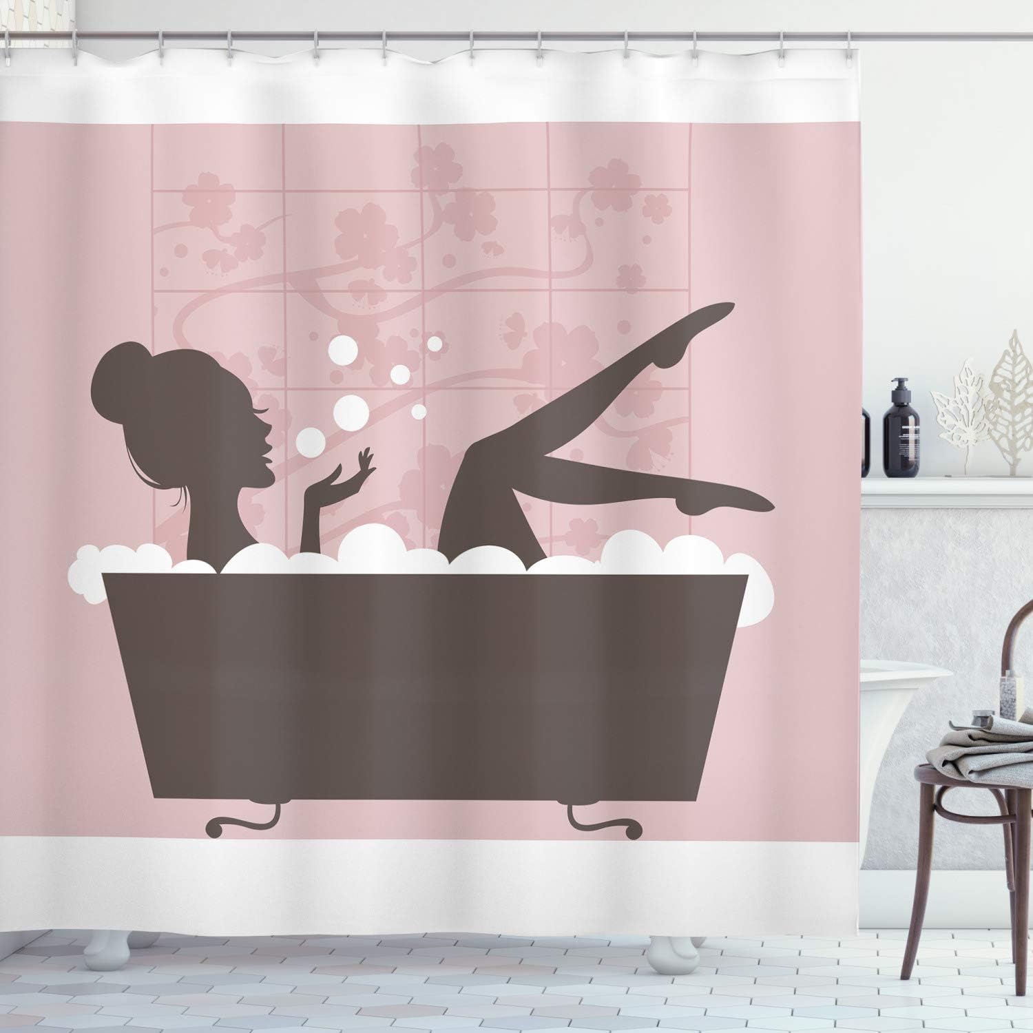 Ambesonne Feminine Shower Curtain, Woman in Bath Tub Spa Treatment Relaxing Concept Vintage Style, Cloth Fabric Bathroom Decor Set with Hooks, 69" W x 75" L, Grey Pink